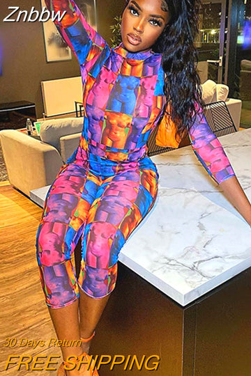 Znbbw Women Printed Bodysuit Two Piece Outfits 2023 Spring Fashion Trousers Suits Female Full Sleeve T Shirt Long Pants Matching Sets